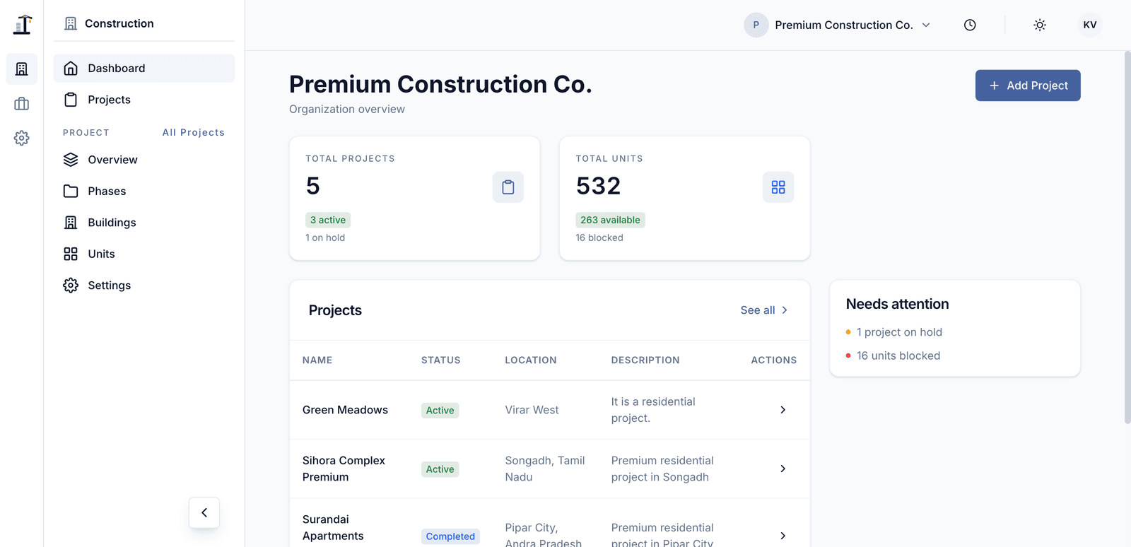 Construvex screenshot: dashboard overview