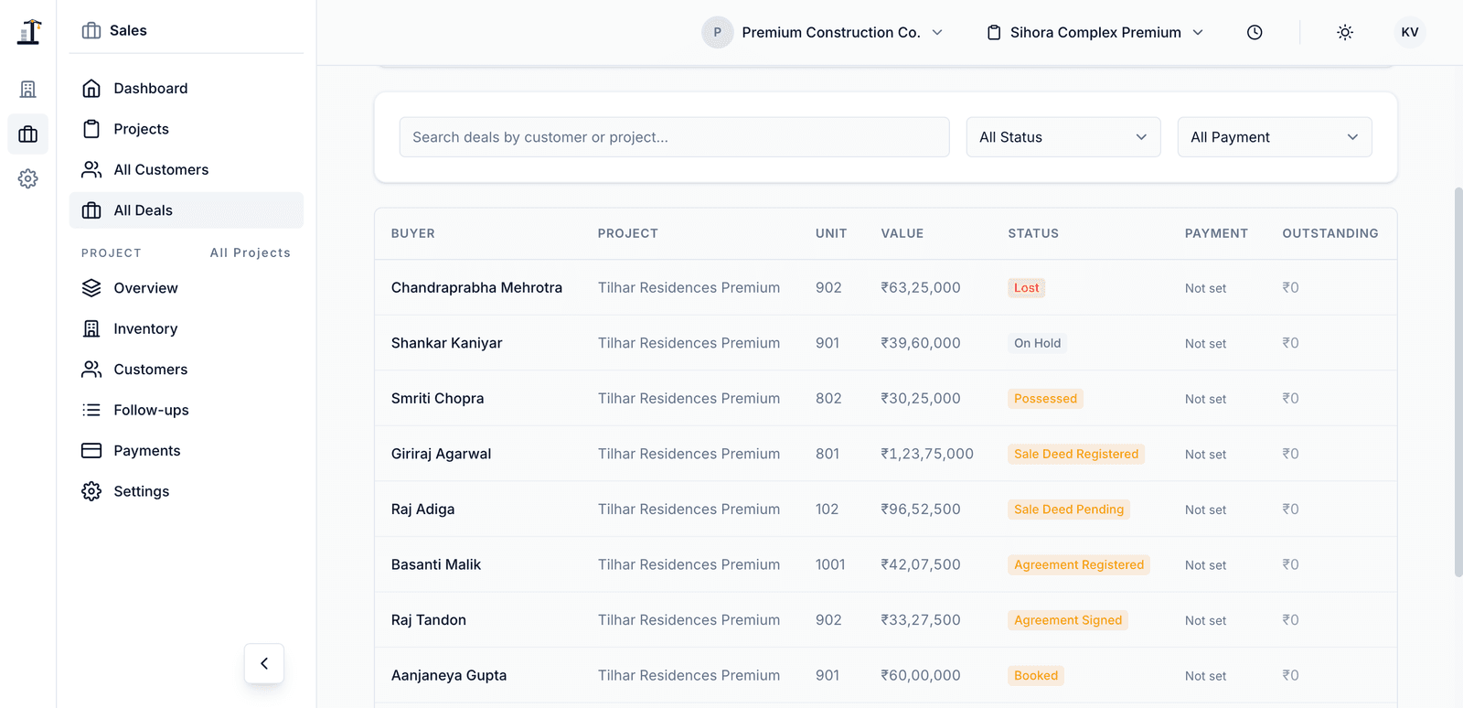 Construvex screenshot: deal pipeline