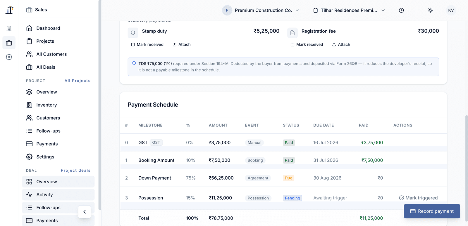 Construvex screenshot: payment plan