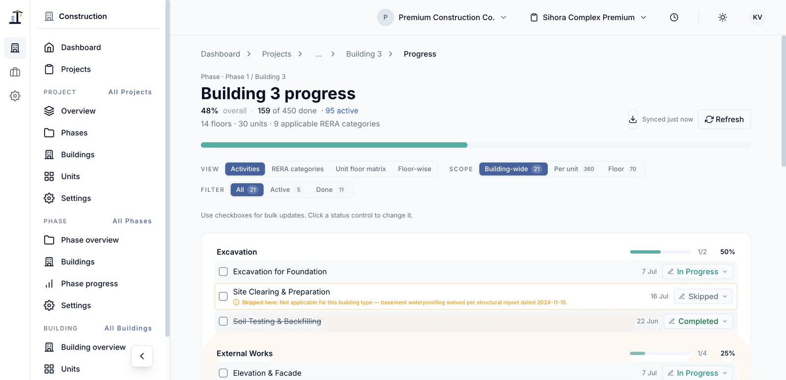 Construvex screenshot: progress tracking