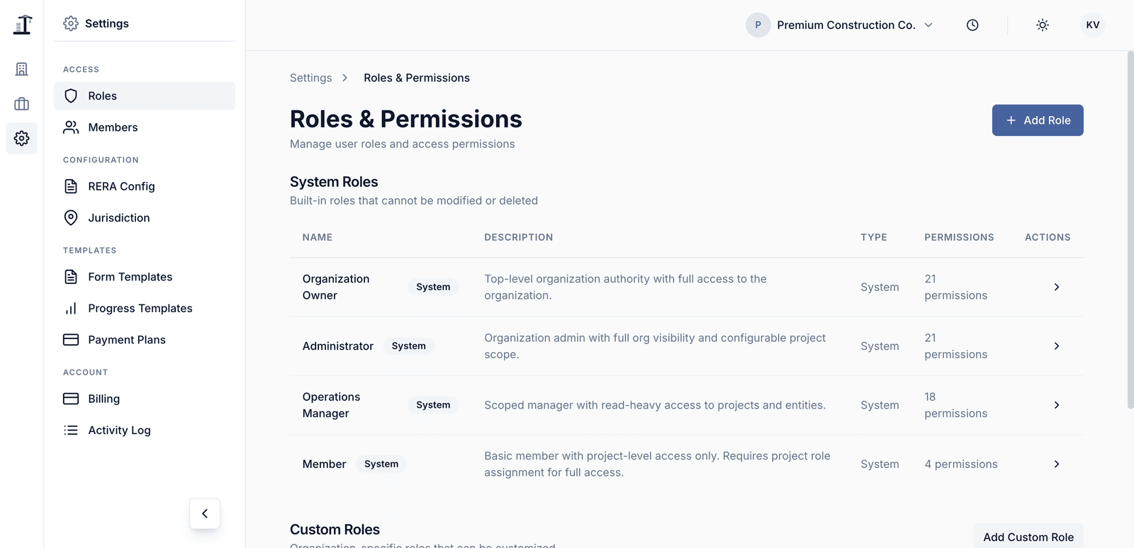 Construvex screenshot: roles permissions